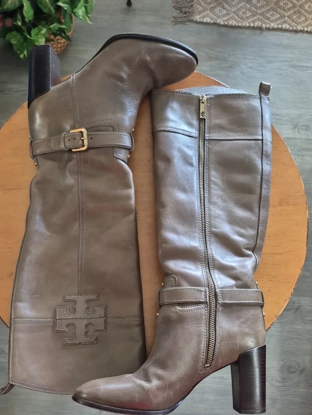 Tory Burch Taupe Leather Knee High Stacked 4